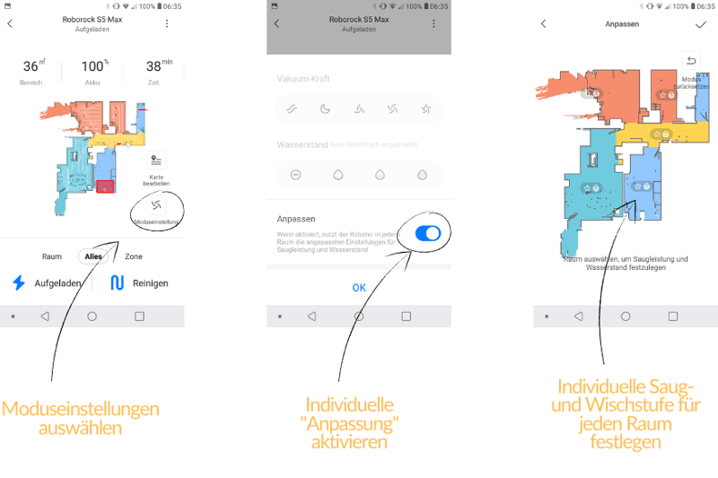 Individuelle Festlegung der Saugleistung und Wischleistung für jeden Raum einzeln.